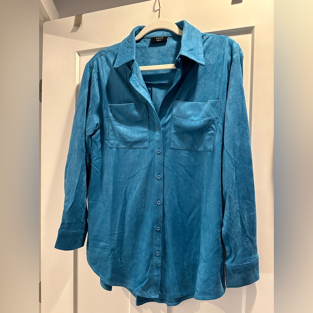 VICI blue faux suede button down shirt with pockets